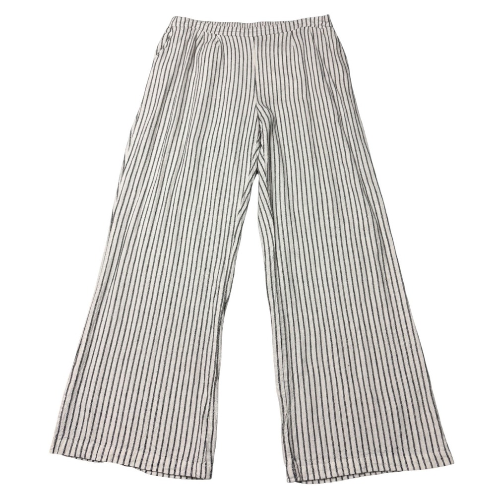Cato Pants Linen Blend Wide Leg Womens 14/16W Striped White Navy Blue Pockets